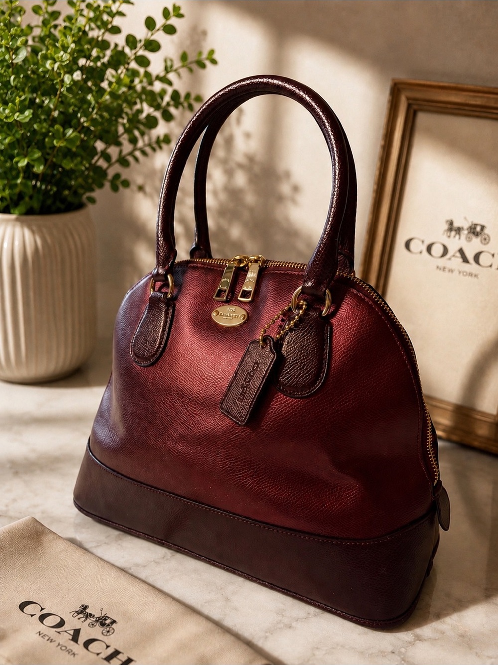 COACH Cora Domed Satchel Full Size Bicolor Metallic Oxblood F36057